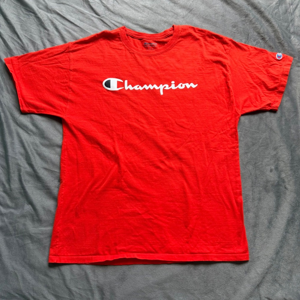 Champion T-Shirt‎ Mens Large Orange Script Logo Short Sleeve Athletic Cotton Tee